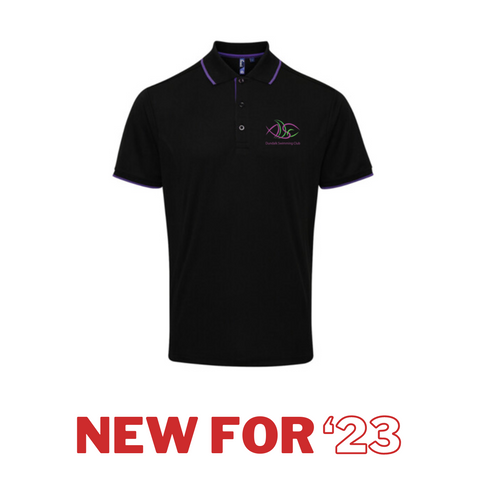 NEW for '23 AURA Swimming Club Dundalk Contrast Polo Black with Purple Trim (Ladies cut)